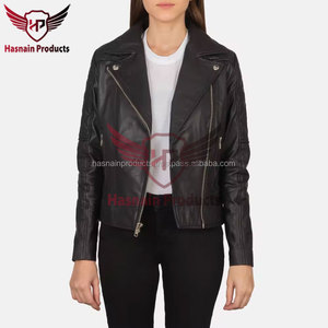 Chaqueta de cuero genuino negro para mujer, estilo motero, con cremallera asimétrica, cuello de solapa, mangas acolchadas, piel de oveja, bolsillos con cremallera, corte ajustado. - Product Image 4
