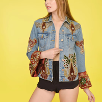 Veste en jean brodée Banjara pour femme, 100% coton, écologique, automne, grande taille, coupe-vent, bleu ciel, un seul bouton, perles, KAMARVY