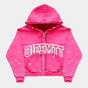 Sweat à capuche personnalisé pour femme, coupe courte et oversize, en coton éponge 450 GSM, délavé à l'acide, avec strass sur le devant, imperméable - Product Image 1