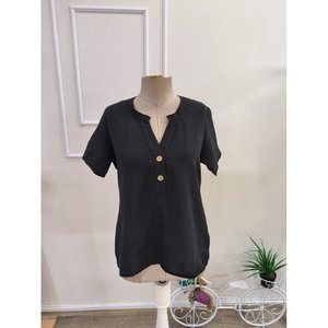 เสื้อเบลาส์คอวีแขนสั้นคอจีนติดกระดุมด้านหน้าสำหรับผู้หญิงเพรา 37236 -สีดำ - Product Image 2
