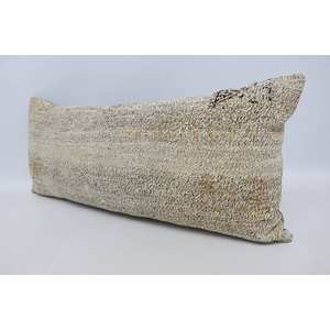 Oreiller en laine de style bohème 16x36 pouces blanc cassé avec coussin décoratif tissé à motif carré vintage beige et gris - Product Image 4