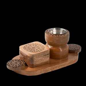 Quemador de incienso de madera Medkhan Mubkhar Bakhoor Juego de quemadores con bandeja de madera y caja Producto grabado por faizacraft - Product Image 3