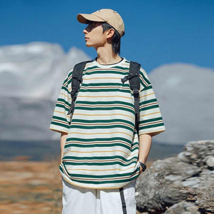 Personnalisé de haute qualité été Vintage contraste rayé hommes T-shirt lâche mince brodé Couple à manches courtes - Product Image 5