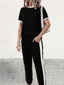 Ensemble de survêtement 2 pièces pour femmes noires, été 2025, hauts à manches courtes, pantalon long de voyage, ensemble de jogging décontracté - Product Image 2