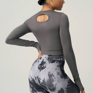 OEM <b>Women</b> Printed Washed <b>Compression</b> Workout <b>Top</b> Long Sleeve Moisture Wicking Stretchable Eco-Friendly Windproof Yoga Training - Product Image 5