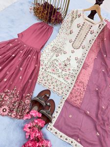 Look lourd tenue de fête fausse georgette broderie lourde séquence et diamant travail à la main haut et palazzo avec séquence travail Dupatta - Product Image 4