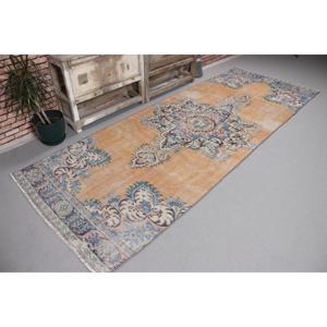 Alfombra Vintage de 3.6x10 pies, Alfombra Turca, Alfombra con Estampado Animal Azul y Naranja - Product Image 4