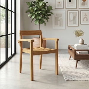 Solid Teak Wood Garden <b>Armchair</b> Slatted Seat Curved Armrest Natural Finish Outdoor Patio <b>Dining</b> Side Chair Setup Art Decor - Product Image 3