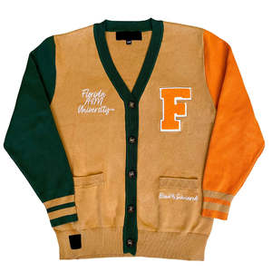 Florida AM University Varsity <b>Cardigan</b> Sweater Custom Embroidered Logo FAMU <b>Chenille</b> Patch Autumn Season Button - Product Image 1