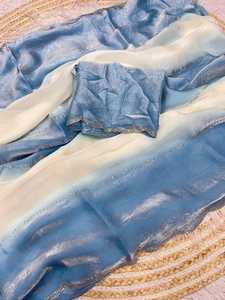Sky Blue Color Satin <b>Fabric</b> Beautiful Zarkhan Work Sari Latest Exclusive Ethnic Bridal Wedding Wear Stunning Bollywood Trendy - Product Image 3