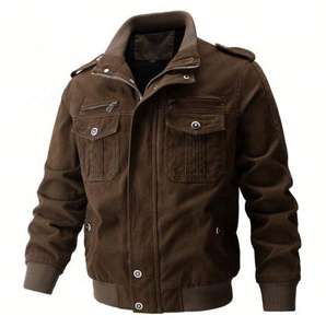 Men's Vintage Canvas <b>Quilted</b> Jacket Solid Color Long Sleeve Stand Collar Zipper Mens Flight Pilot Windbreaker Coats <b>Hoodie</b> - Product Image 4