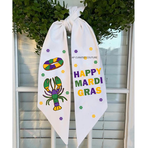 Monogramme Mardi Gras perlé coton guirlande ceinture personnalisé blanc festonné porte suspendu arc cadeau à volants à la main - Product Image 5