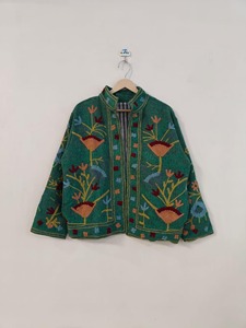 Veste en laine brodée florale bohème verte, col mandarin, manches longues, veste décontractée courte, vêtements d'automne pour adultes - Product Image 1