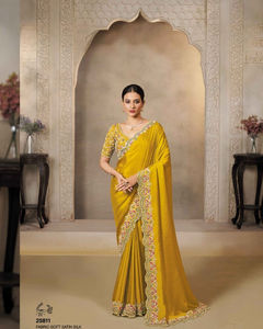 Dernier modèle de sari en satin de soie élégant avec un chemisier en satin malai et des sequins et des motifs de perles - Product Image 6