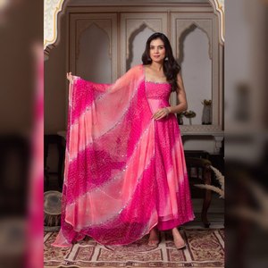 Traje Angrakha Kurti/Salwar con Estampado Bandhni de Estilo Cultural Rajasthani para Mujer, Color Brillante, Uso Diario, Comodidad, Elegancia, Fiesta - Product Image 1