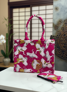 Hand Block Printed Bohemian <b>Quilted</b> Women's <b>Tote</b> <b>Bag</b> Soft Cotton Fabric Solid Pattern Chains Zipper Closure Travel - Product Image 2