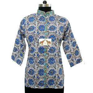 100% Cotton <b>Indian</b> Hand Block Printed Tunics <b>Tops</b> Women's Casual Ethnic Wear Collar Shirt Similar to a Gown - Product Image 3