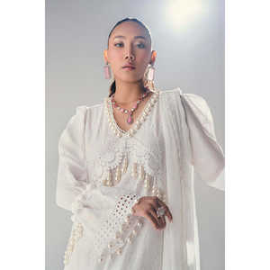 ชุดผ้าลูกไม้ชิฟฟ์ลีสีขาวแบบ 3 ชิ้นสำหรับผู้หญิง (ยังไม่ได้เย็บ) - Product Image 5