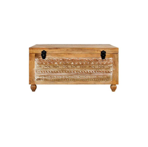 Coffre rectangulaire avec design sculpté à la main en bois de manguier massif au fini naturel blanc vieilli Maison fonctionnelle moderne - Product Image 1