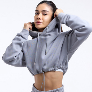 Más tamaño personalizado invierno básico peso pesado Crop Top cordón correr entrenamiento pulóver Sudadera con capucha - Product Image 6