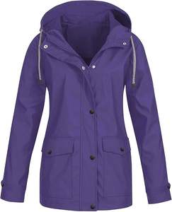 Gabardina de longitud media con capucha para mujer de bajo precio, chaqueta de lluvia de rayas sólidas para mujer, impermeable con capucha para exteriores, a prueba de viento - Product Image 4