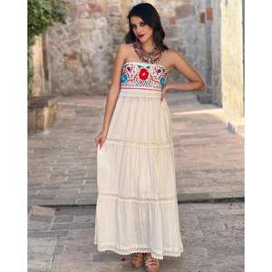Women <b>White</b> Strapless Floral Embroidered <b>Maxi</b> Dress Sleeveless Boho Ethnic Long Dress Summer Cotton Beach Wear Dress - Product Image 3