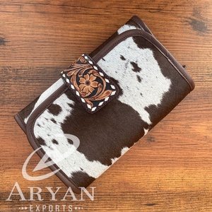 Hand Tooled Leather Jewelry Organizer Western Women Hair on Cowhide Foldable Jewelry Roll Holder & Travel Case Jewelry Storage - Product Image 1