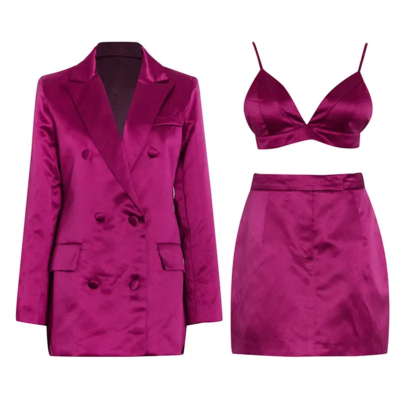 Hot Pink High Quality Fashion Korean Ladies Blazer and Bra Suits 3 piece Set Formal Female Blazers and Pencil skirt For Women
