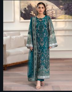 Ssumaira's Prêt-à-porter Vêtements pakistanais indiens Chemises en filet semi-cousues brodées Pantalon en soie brute teintée Agrémentée à la main - Product Image 2