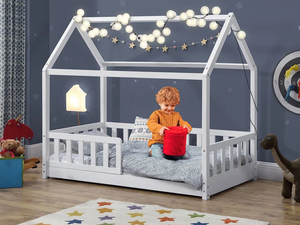 Letto per Bambini a Forma di Casa, Struttura in Legno di Pino Massiccio con Sponde di Sicurezza per Bambini e Bambine, Bianco - Product Image 1