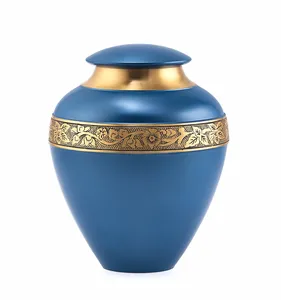 Urne funéraire dorée bleue pour cendres humaines, personnalisable en gros, urne commémorative artisanale pour la vente en gros - Product Image 1