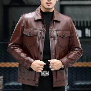 แจ็คเก็ตหนังบอมเบอร์สำหรับผู้ชายแจ็คเก็ตหนังขี่มอเตอร์ไซค์แบบสตรีทแวร์โลโก้มหาวิทยาลัย - Product Image 1