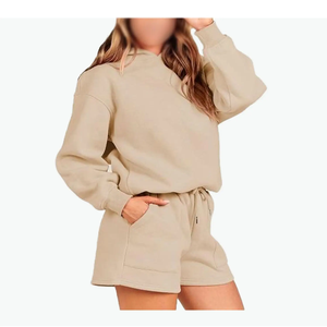 Warm Fleece Fitness <b>Women</b> 2 Piece Set Solid <b>Long</b> Sleeve Hoodies Biker <b>Shorts</b> Matching Set Workout Baggy Tracksuits - Product Image 6