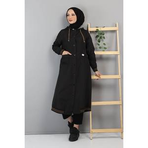 Manteau long à capuche côtelé pour femme, grande taille, en tissu tricoté, imprimé automne et décoré de boutons - Product Image 4