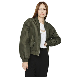 New Fashion Women's Olive Green Bomber <b>Jacket</b> Full Sleeve Zipper Closure Stand Collar Windproof Autumn Outerwear - Product Image 1