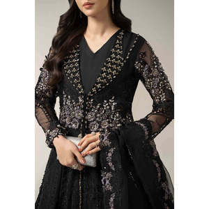 Vestido de Novia Negro de Manga Larga con Cuello en V, Corte en A con Drapeado y Pliegues, Cintura Natural, Chifón con Bordado TC-1381 BD-3004 - Product Image 3