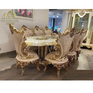 Ensemble de table à manger Braque de luxe de haute fabrication Ensemble de chaises de table à manger polonaise en or blanc turc Ensemble de salle à manger sculpté classique - Product Image 1