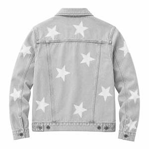 <b>Men's</b> Light Gray <b>Denim</b> <b>Jacket</b> Star Print Turn-down Collar Casual Washed Cotton Regular Sleeve Single Breasted - Product Image 3
