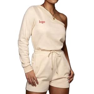 Chándal de un solo hombro para mujer, ropa de salón de algodón, sudadera, conjunto corto sexy, 2022 - Product Image 5