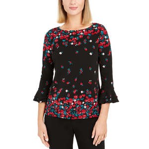 Camicetta da donna Charter Club con maniche a campana, stampa floreale, collo alto, disponibile in nero, taglie dalla S alla XL, in poliestere, raso e chiffon, casual ed elegante. - Product Image 1