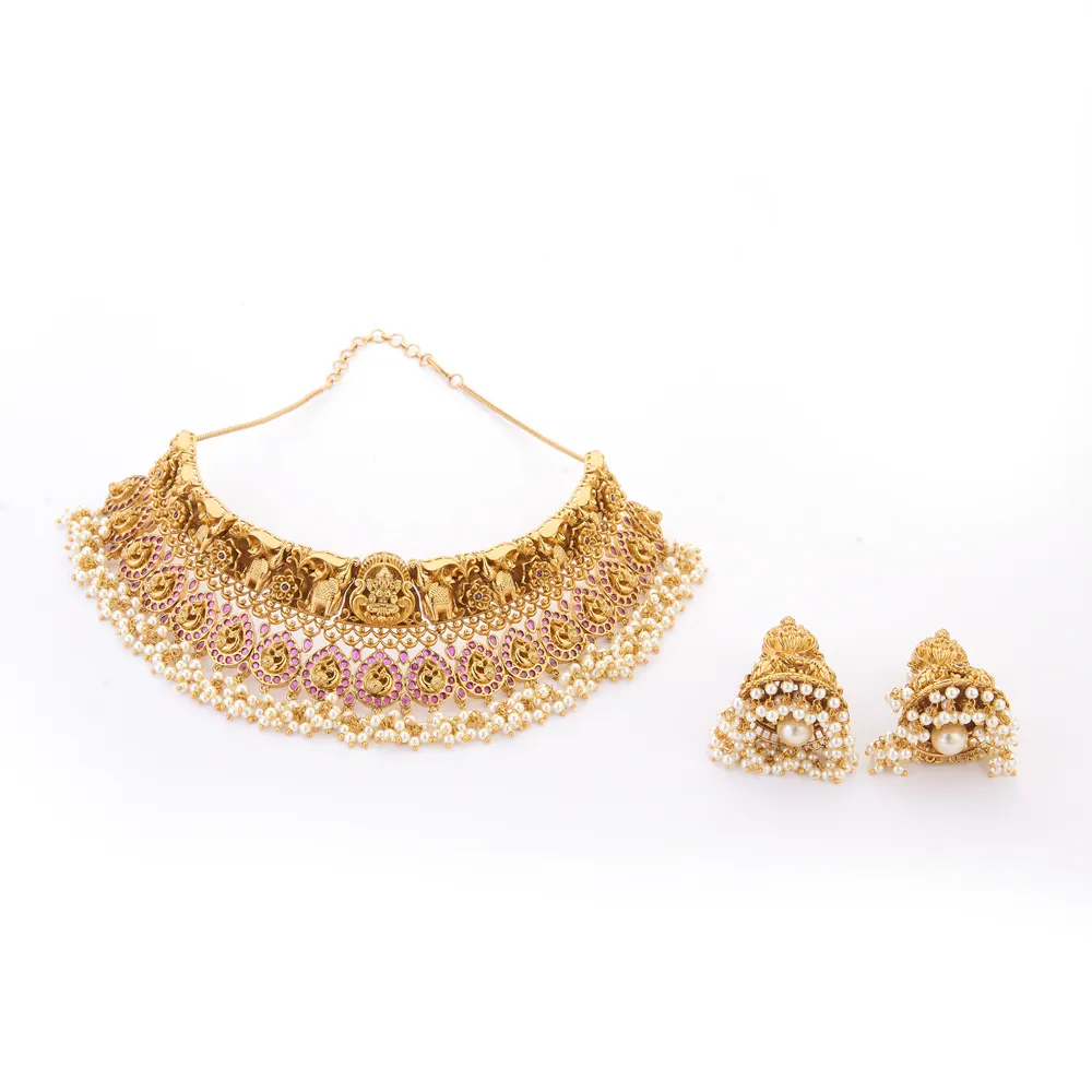 Matte Gold Plated Antique Choker Style Temple Mukut Necklace Set With Moti 214426 for Womans