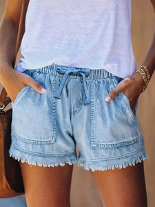 Custom High Quality Women's Summer Denim Shorts Raw Cut <b>Vintage</b> Drawstring Waist Colored Washed Y2K Casual Fashion Wholesale - Product Image 2