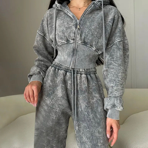 <b>Retro</b> Acid Wash Solid Zip Hoodie Jogger Set Full Length High Waist Fleece Breathable Customized Streetwear Winter <b>Tracksuits</b> for - Product Image 5