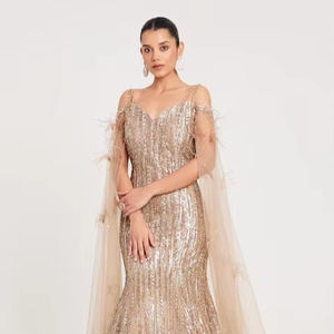 Satén vestido de noche vestido de bola sin mangas con cuello en V con bordado y perlas Venta caliente para primavera otoño antiestático - Product Image 1