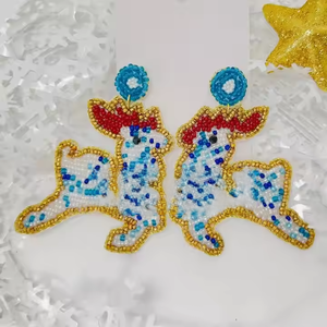 Pendientes de Reno con cuentas azules hechos a mano, joyería de vacaciones clásica chapada en oro y plata para mujer, ropa de fiesta festiva o Opción de regalo - Product Image 1