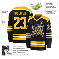 Maillot de hockey sur glace personnalisé noir et jaune, uniforme d'équipe, nom et numéro personnalisés, vêtements de sport imprimés sublimés respirants