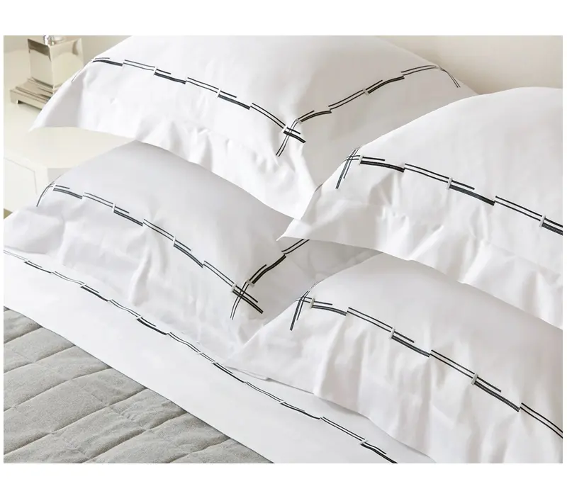 Embroidery Black&White Lines Flat Sheet Set White Cotton Embroidery Bedding Sheet and Pillowcases For Home Hotel Wedding