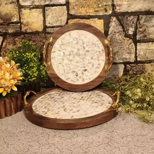 Exquisita bandeja de madera de acacia para servir Ramadán y Eid con incrustaciones de nácar hechas a mano para comedor lujoso y exhibición de mesa - Product Image 3