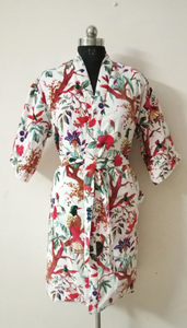 Blanc Oiseau Imprimé Velours Coton Kimono Robe Veste Respirant Hiver/Printemps/Été Mariage Robe De Demoiselle D'honneur Col En V Taille Libre - Product Image 2