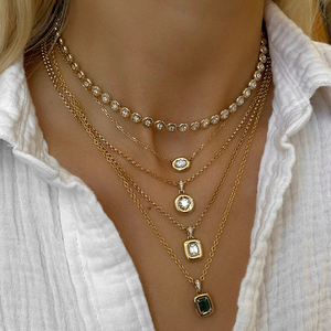 Collar <span class=keywords><strong>de</strong></span> Plata <span class=keywords><strong>de</strong></span> Ley 925 Chapado en <span class=keywords><strong>Oro</strong></span> <span class=keywords><strong>de</strong></span> 18K con Colgante Elegante Minimalista <span class=keywords><strong>de</strong></span> Esmeralda Redonda Ovalada y Circonita Cúbica, Joyería <span class=keywords><strong>de</strong></span> Moda al por Mayor - Product Image 1